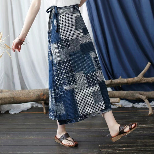 French Print Irregular Cotton Linen Skirt