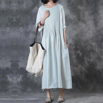 Loose Solid Color Fold Over Pockets White Round Neck Cotton Linen Dress