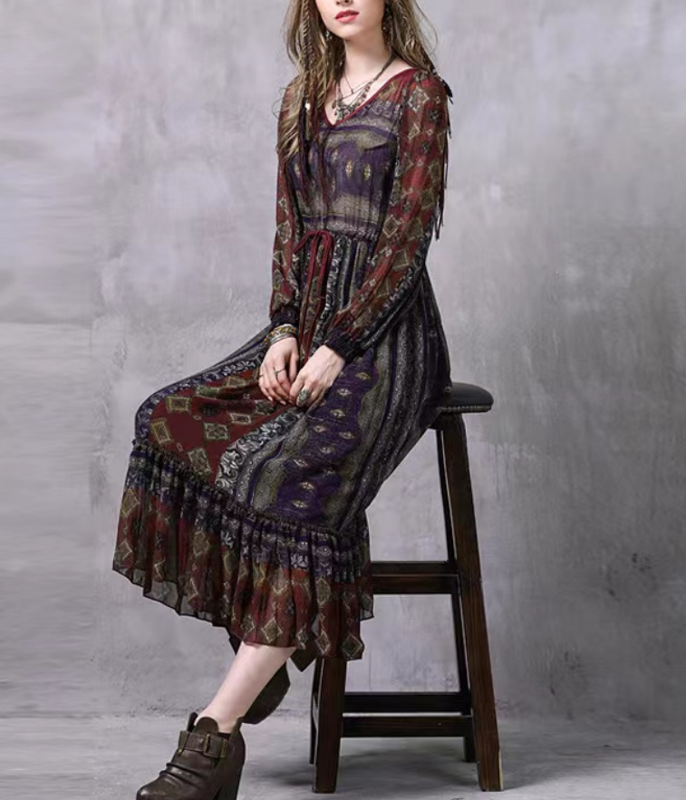 Elegant V-Neck Printed Ruffle Long Sleeve Dress