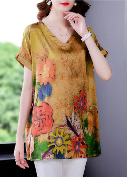 Elegant V-Neck Design Printed Side Split Silk Short Sleeve Top