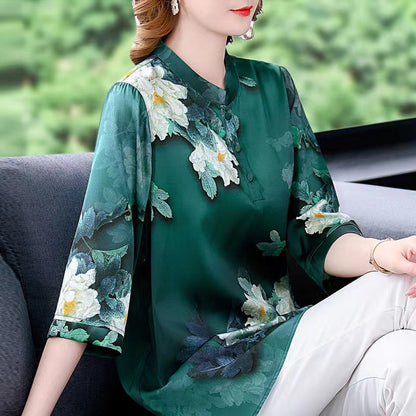 Elegant Standing Collar Printed Silk Short Sleeve Blouse Top