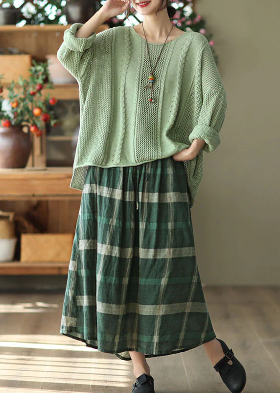 Casual Pocket Plaid Printed Linen Skirt