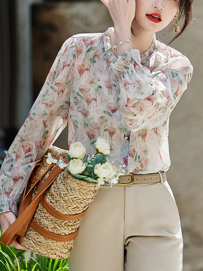 Elegant Printed Floral Ruffle Chiffon Blouse Top