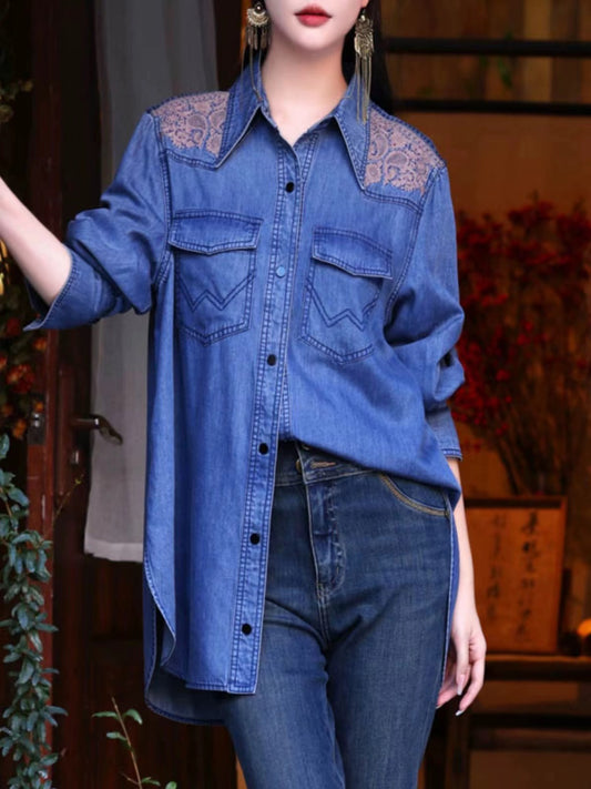 Elegant Embroidery Lapel Pocket Long Sleeve Shirt Denim Top