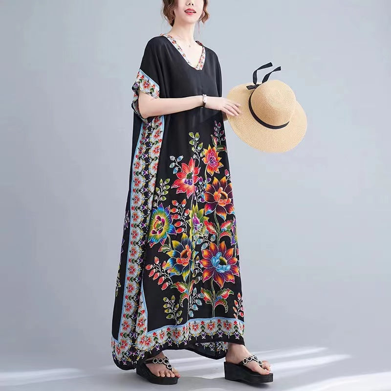 Loose V-Neck Printed Cotton Beach Short Sleeve Dress