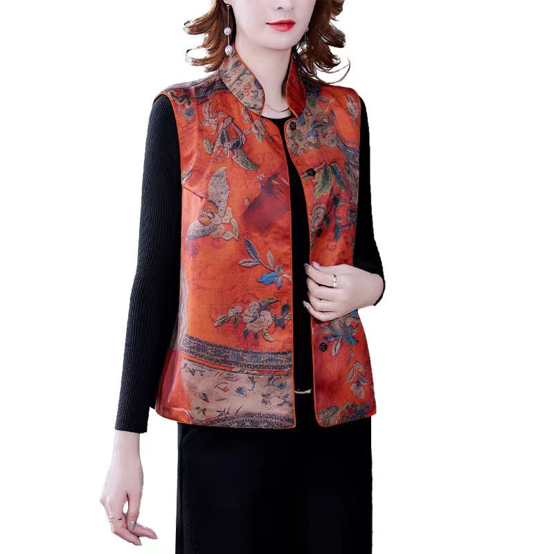 Chinese Style Standing Collar Embroidered Silk Vest