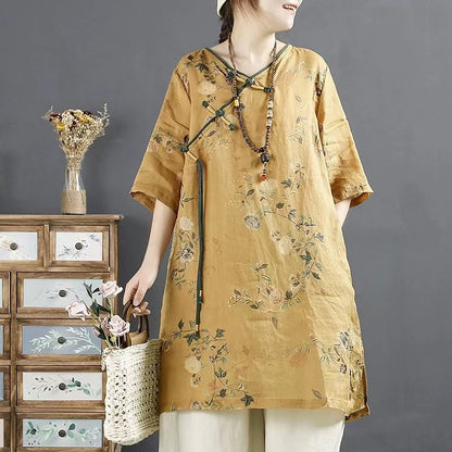 Elegant V-Neck Printed Color Clash Tie Short Sleeve Long Shirt Top