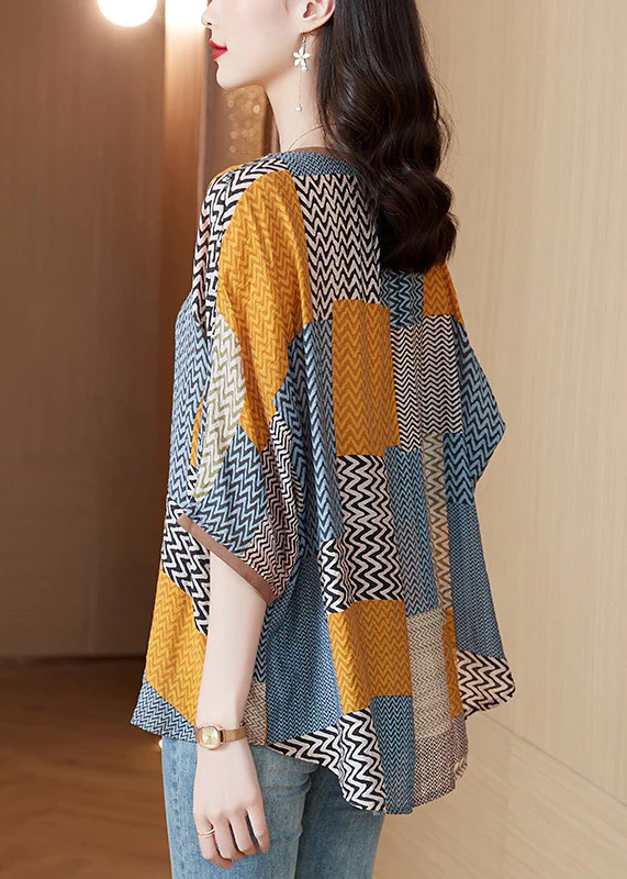 Casual O Neck Printed Patchwork Silk Half Sleeve Top