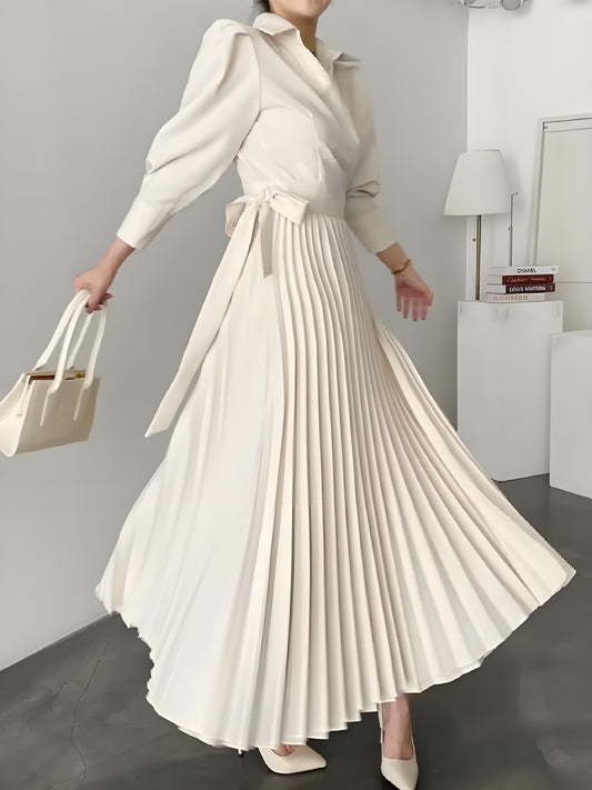 Italian Pleated Asymmetric White Lapel Long Dress