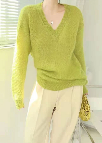 Loose Simple V-Neck Wool Sweater Top