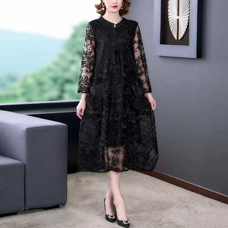 Italian Black Jacquard Long Lace Dress Casual Long Dress