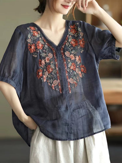 French Vintage Embroidered Cardigan Cotton Short Sleeve Shirt Top