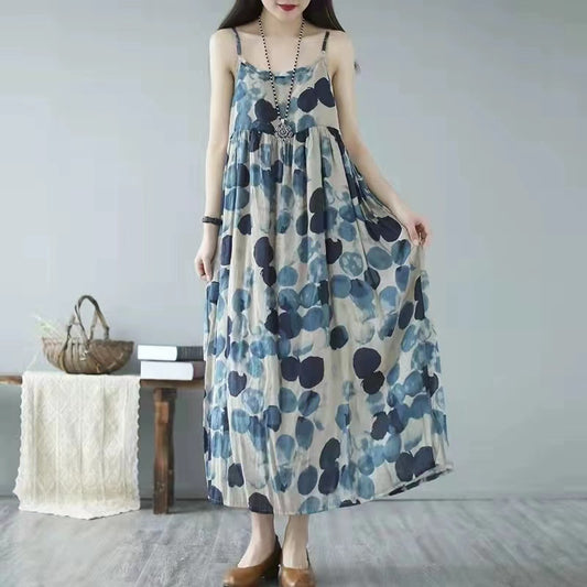 Halter Printed Polka Dot Cotton Linen Long Dress