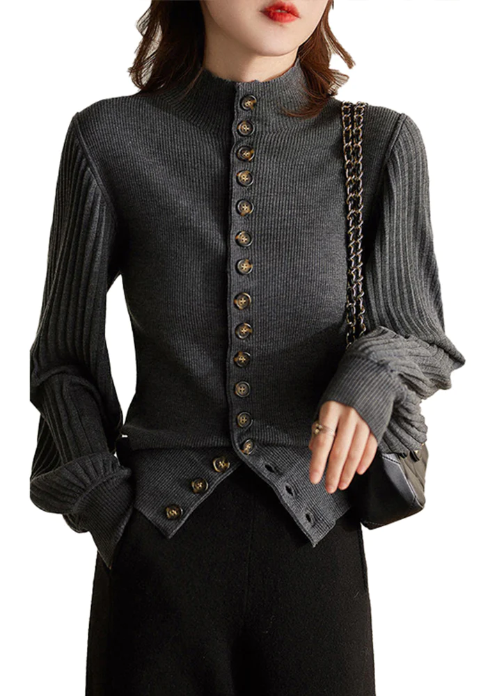 Elegant Collar Button Knit Lantern Sleeve Sweater Top