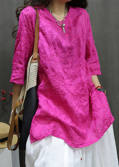 Loose V-Neck Embroidered Linen Long Shirt Top