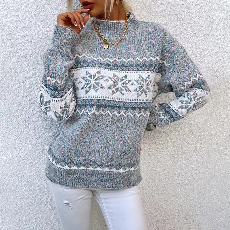 High neck pullover snowflake geometric knit jumper