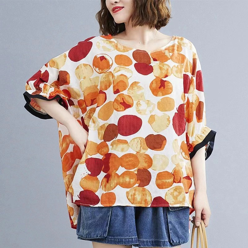 Loose Dot Bat Wing Sleeve Cotton T Shirt Top