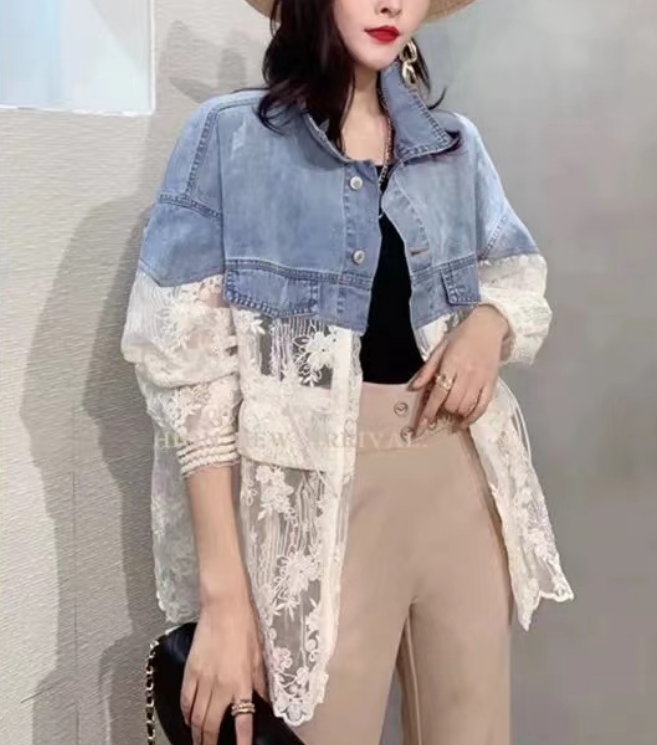 Fashion Lace Patchwork Sun Screen Denim Jacket