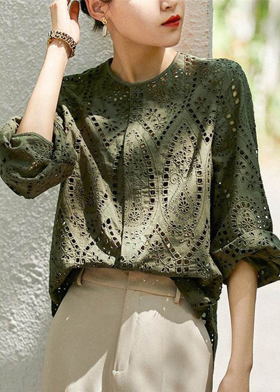 Women's Plus Size Light Khaki O Neck Hollow Out Cotton Long Sleeve Shirt