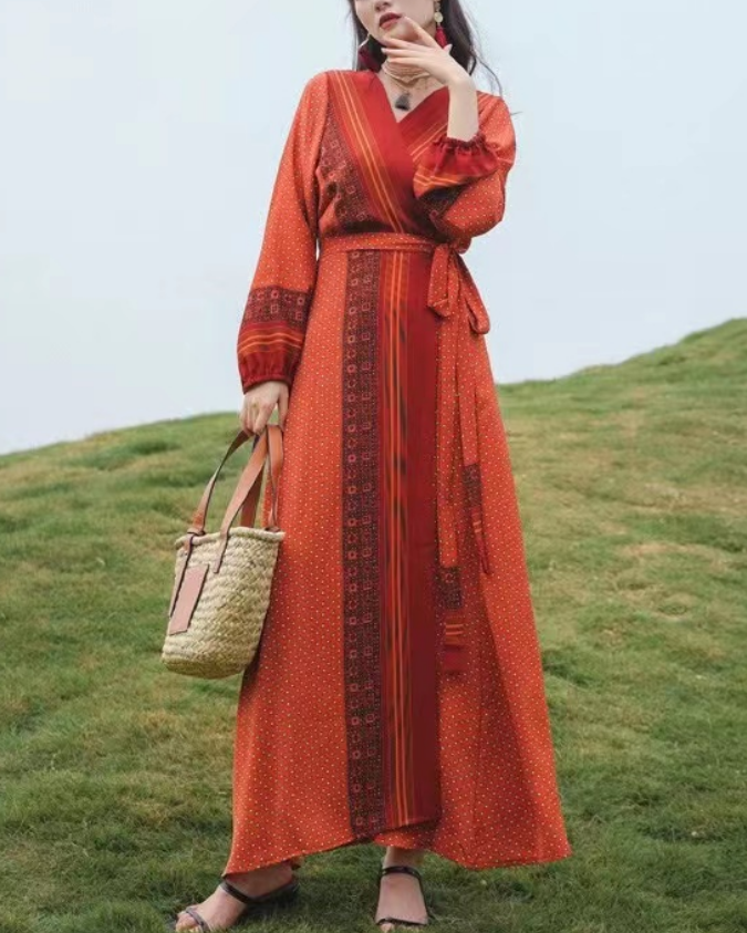 French V-Neck Color-Collision Tie Beach Long Sleeve Dress