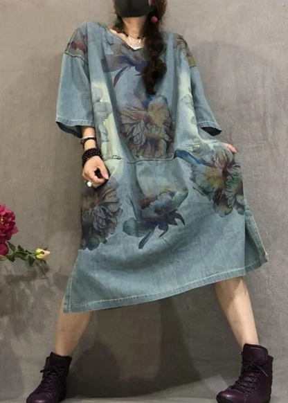 O Neck Printed Side Split Denim Short Sleeve Dress