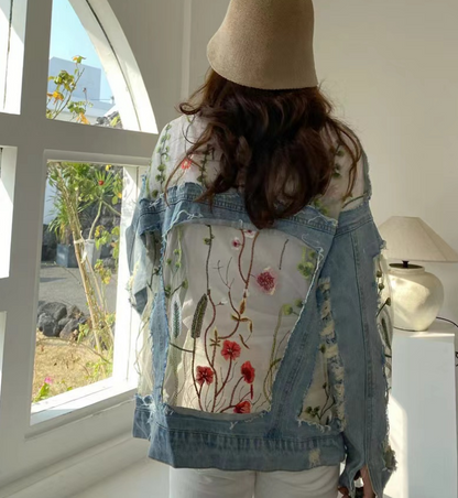 Fashion Embroidery Flower Patchwork Thin Mesh Sun Screen Denim Jacket