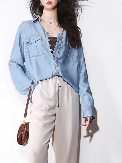 Loose Pocket Button Cardigan Tencel Long Sleeve Shirt Denim