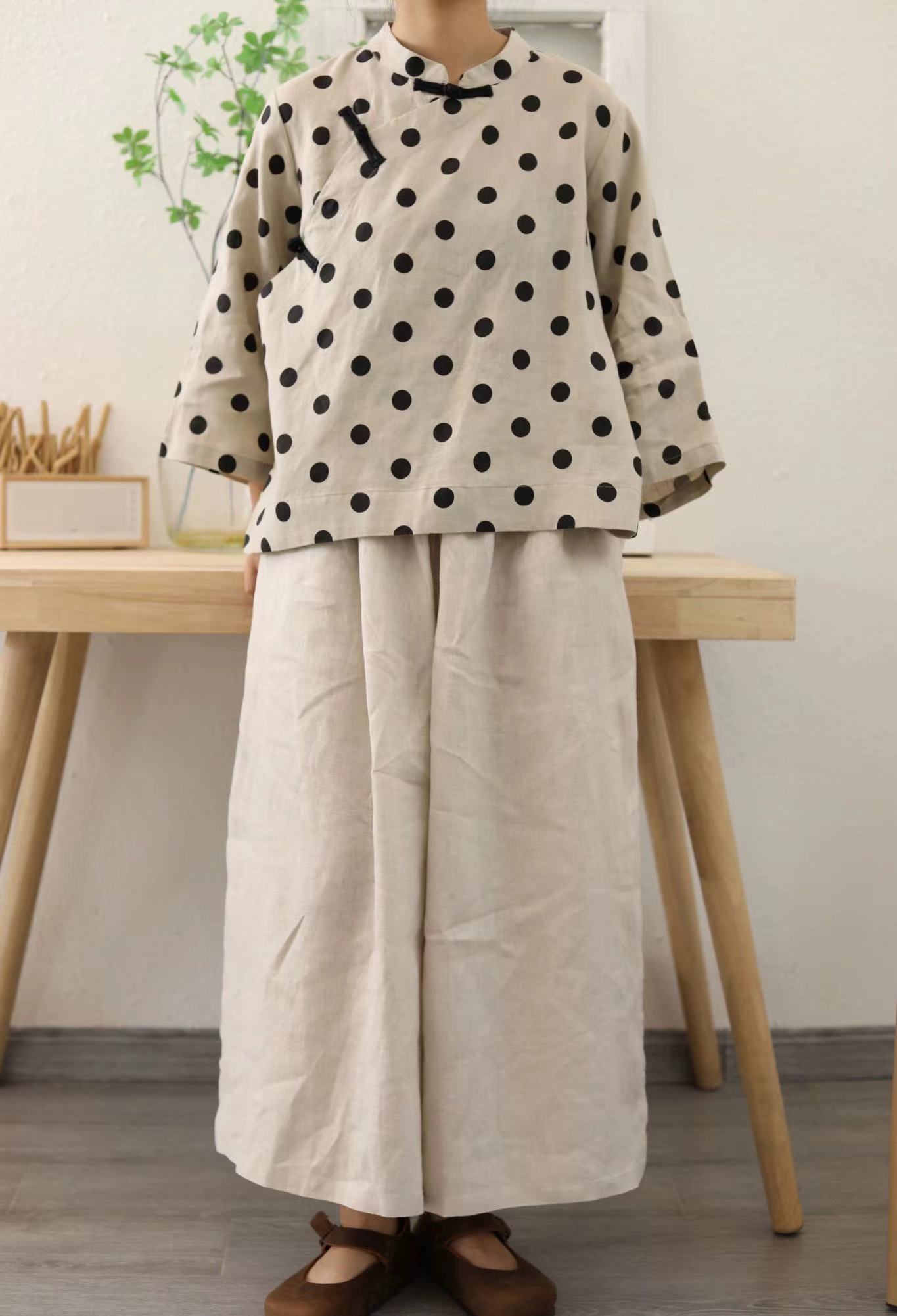 Women's Vintage Spring Dot Linen Slant Open Shirt