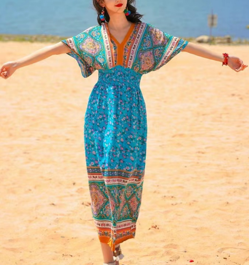 Bohemian V-Neck Printed Color Clash Short Sleeve Dress