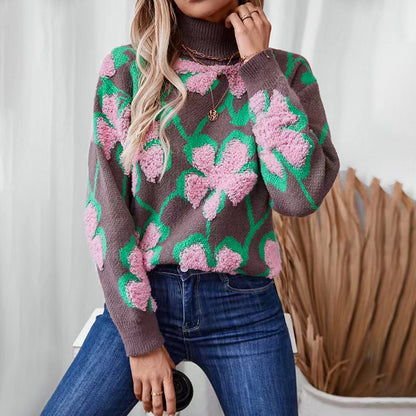 High Neck Brown Floral Clash Colour Knit Sweater