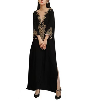 French V-neck embroidered cotton long dress