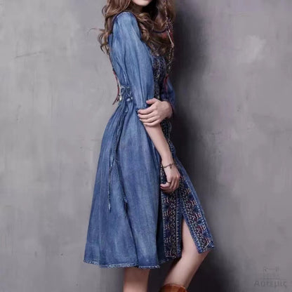 V-Neck Embroidered Tie Button Short Sleeve Shirt Denim Dresses