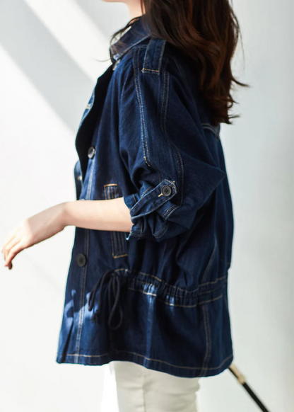 Stylish Lapel Pocket Drawstring Denim Jacket