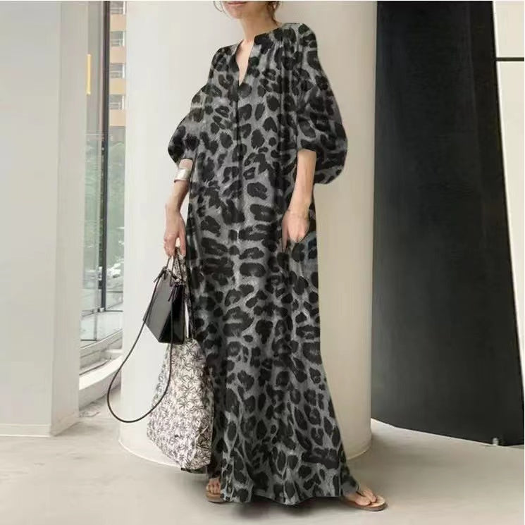 Elegant Leopard Print Stand Collar Short Sleeve Shirt Dress