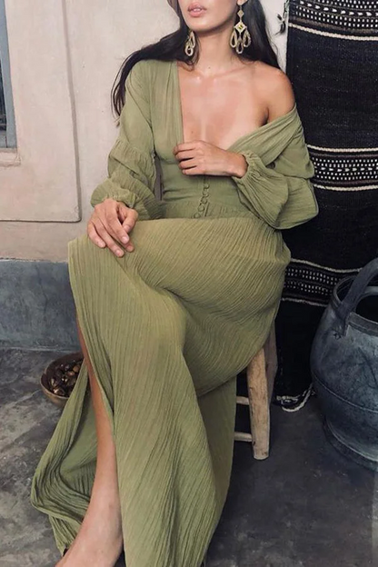 Sexy Deep V Button Long Sleeve Extra Long Dress