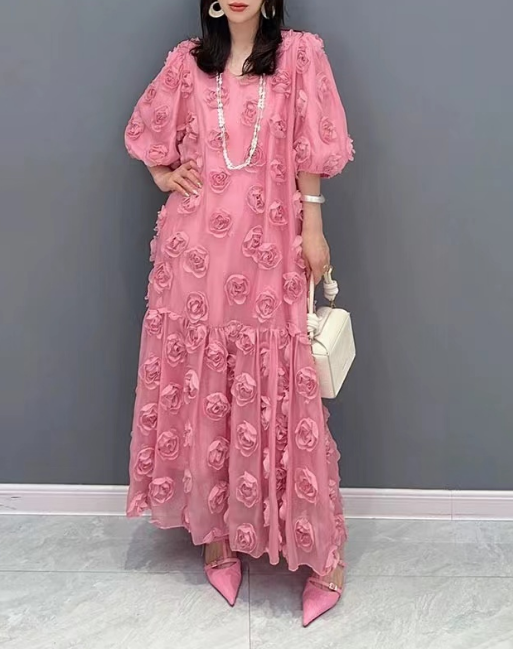 French Rose Floral V-Neck Bubble Short Sleeve Long Dress