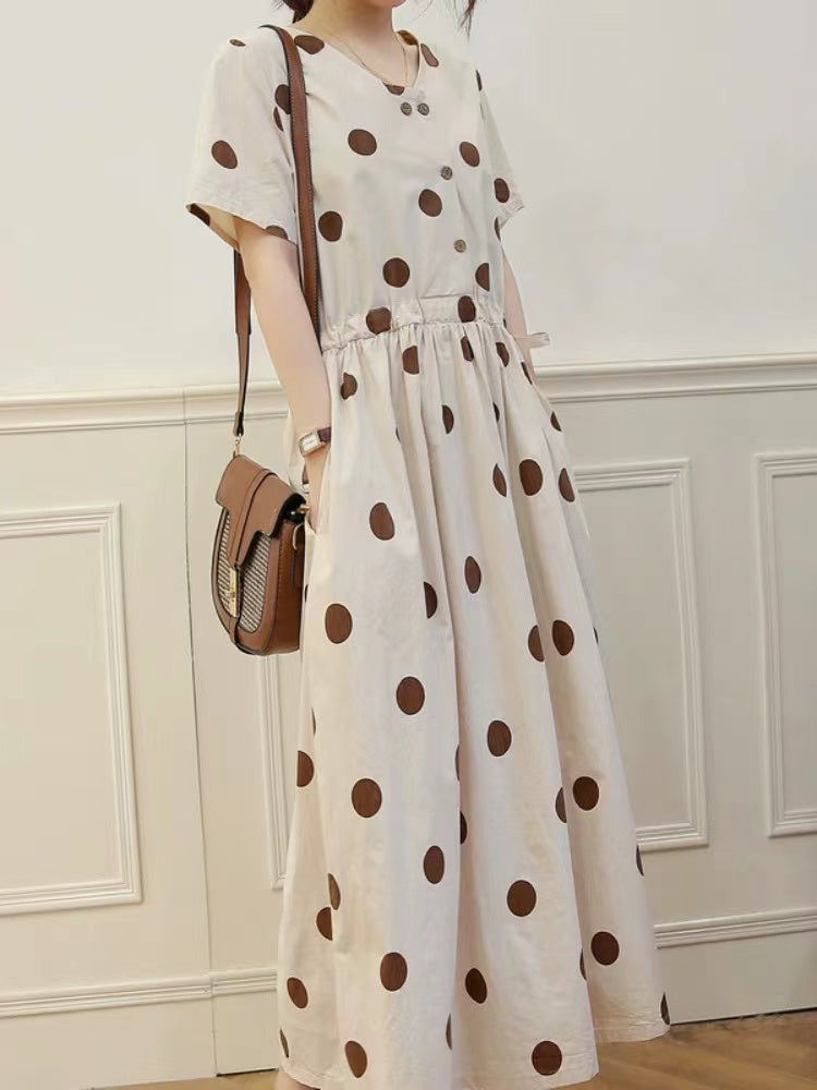 Women's Printed Dot Skinny Waist Tie Short Sleeve Long Dresses