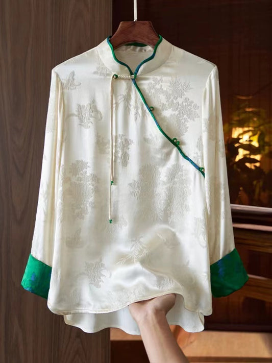 Chinese Style Silk Vintage Jacquard Color Clash Shirt Top