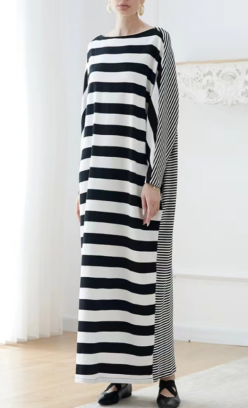 French Minimalist Striped Long Sleeve Long Dress