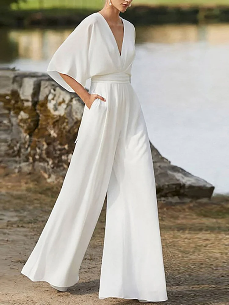 Deep V Neck Solid Colour High Waisted Wide Leg Jumpsuit