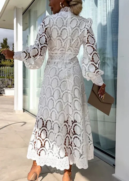 French Stand Collar Hollow Lace Long Dress Long Sleeve