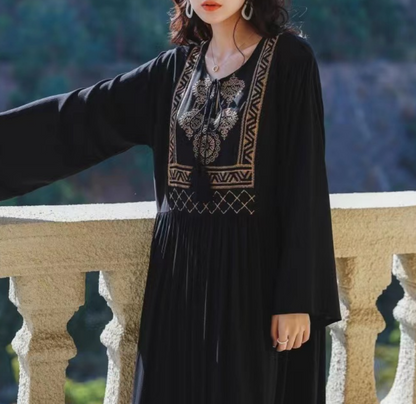 Bohemian Tie Embroidery Long Sleeve Long Dress