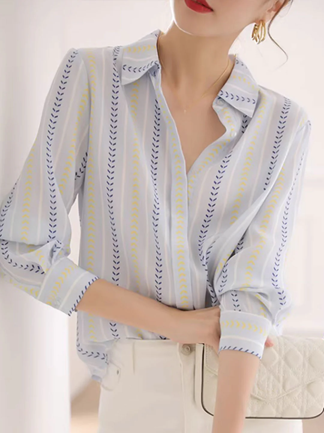 Elegant Lapel Stripe Print Long Sleeve Shirt