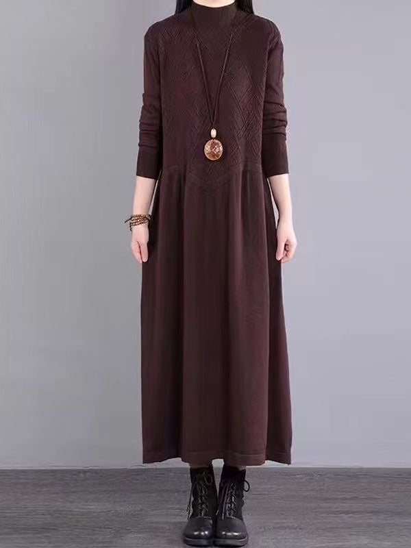 Loose Bohemian Purple High Neck Patchwork Solid Color Wool Knit Sweater Dress Long Sleeve