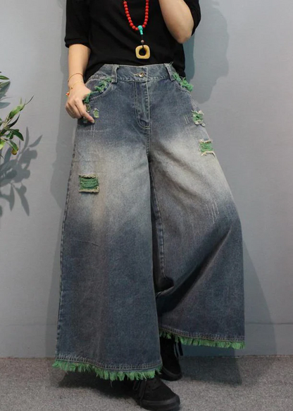 Fashion Pocket High Waist Spliced Denim Wide Leg Pants