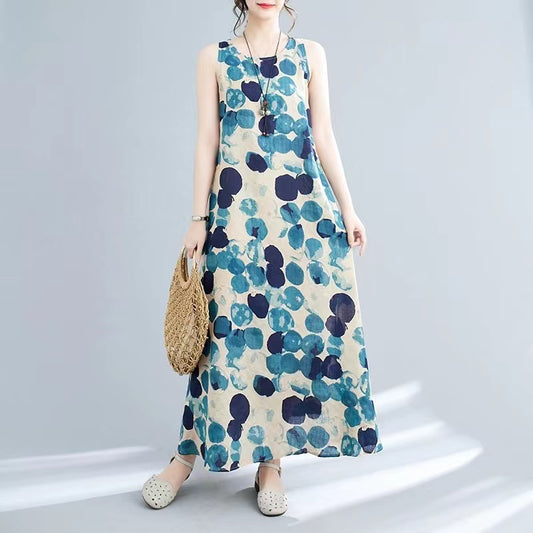 Simple Printed Polka Dot Sleeveless Long Dress