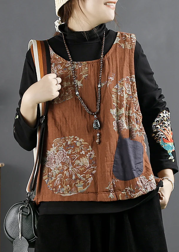 Vintage O-Neck Printed Pocket Vest