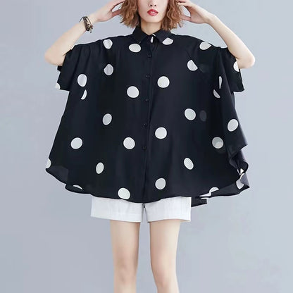 Plus Size Lapel Black White Polka Dot Printed Bat Sleeve Shirt Top