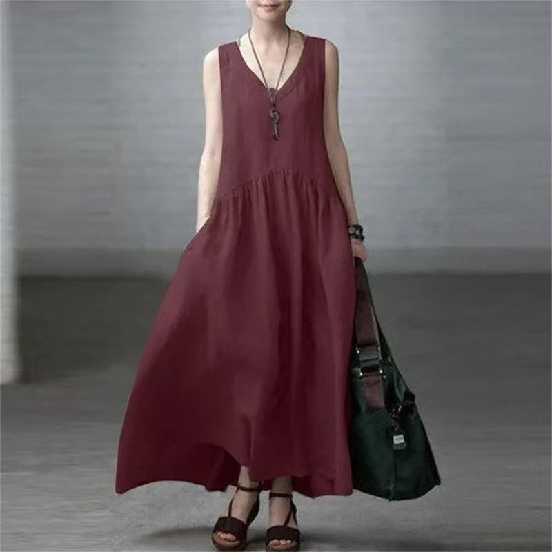 Loose V-neck cotton linen sleeveless dress