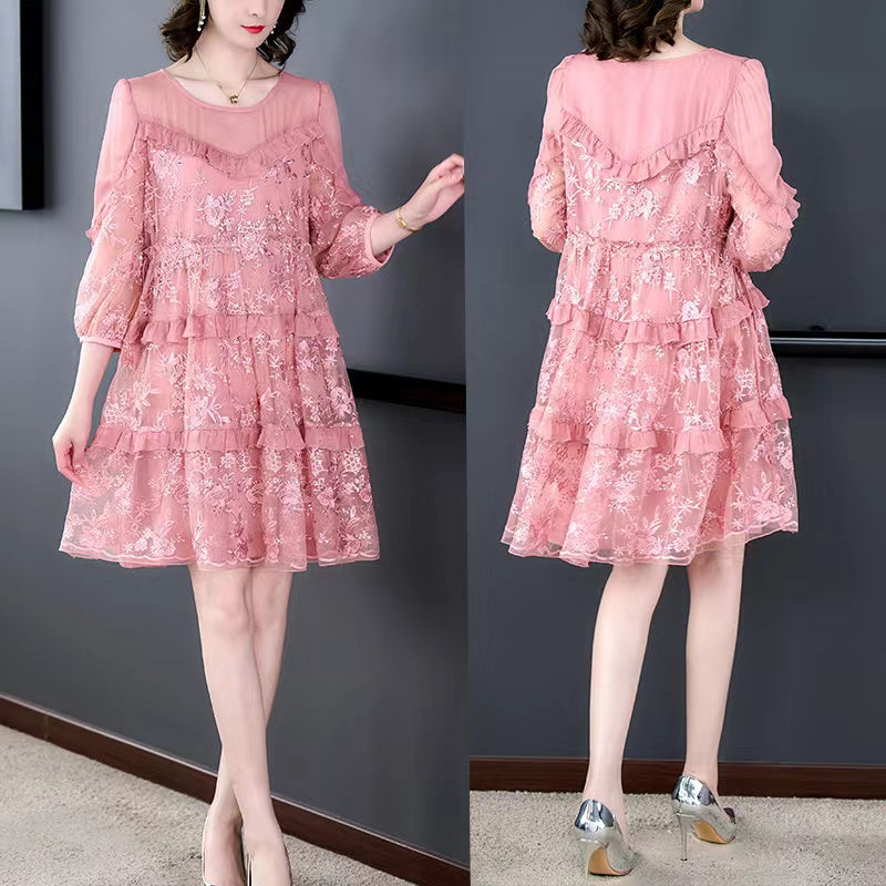 Fashion Ruffle Patchwork Applique Tulle Dress Half Sleeve